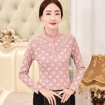 2023 Kore Tarzı Pembe Bluz Dantel Boncuk Uzun Kollu Gömlek Bluzlar Sonbahar Kış Yeni Kore Üst Kadınlar
