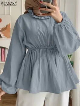 ZANZEA Moda Eid Mubarek Müslüman Gömlek Kadın Fener Kollu O Boyun Tunik Üstleri Sonbahar Rahat Fırfır Bluz Zarif Parti Blusas