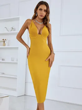 Katı Çıplak Kadın Yaz Seksi V Boyun Backless Sarı Midi Bodycon Bandaj Elbise 2022 Zarif Akşam Kulübü Parti Elbise