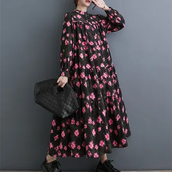 2024 Yeni Varış Patchwork Standı Yaka Baskı Çiçek Gevşek Vintage Bahar Bluz Elbise Çelik Moda Kadın Sonbahar rahat elbise
