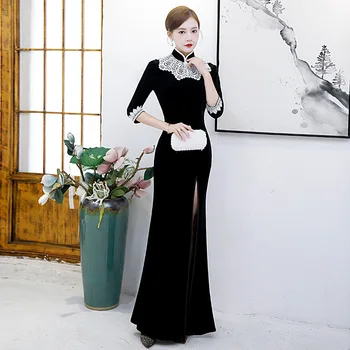 Siyah Mermaid Kadife Qipao çin elbisesi Düğün Cheongsam Parti Elbiseler Çin Artı Boyutu Kadın Giyim Vestidos Formales
