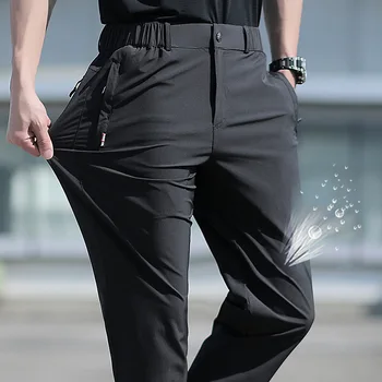Büyük Boy erkek yazlık pantolonlar Büyük Boy Buz İpek Streç Nefes Düz Bacak Pantolon 6XL Hızlı Kuru Elastik Bant Siyah Pantolon