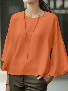ZANZEA Düz Renk Chemise Kadınlar Flare Kol Bluz 2023 Sonbahar Rahat Gevşek yuvarlak boyun Tunik Üstleri Moda Kore Salıncak Gömlek