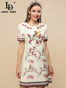 LD LINDA DELLA Moda Pist Yaz Kısa Elbise kadın O-Boyun Vintage Kuş Çiçek baskı Boncuk Kısa kollu Mini Elbise