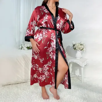 Saten Bornoz Bornoz Kadın Düğün Elbise Sonbahar Artı Boyutu Baskı Hafif Pijama Elbiseler Kadın Ev Sabahlık Pijama Yeni