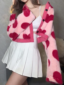 Pembe Kalp Baskı peluş ceket Kadın Sonbahar Kış Kalın Sıcak Tüm Maç Mont Kore Moda Tiki Tarzı Tatlı Streetwear Kadın