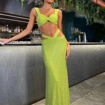 Yaz Eğlence Parti Sequins Küçük Acısını Kemer Yelek Seksi Diafram Fishtail Elbise Takım Elbise Bikini Cover Up Plaj 2023 Mayo Kadın