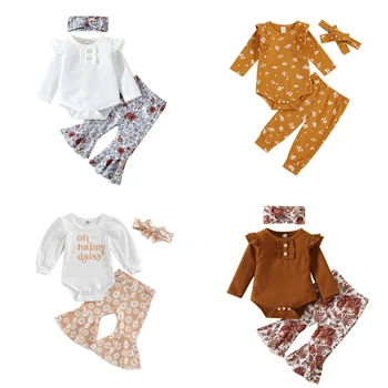 3 ADET Bebek Kız Sonbahar Takım Elbise Seti Moda Mektubu Baskı Uzun Kollu Romper + Çiçek Baskı Çan dipleri Pantolon + Kafa Bandı Elbise