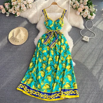 Pist Moda Maxi Elbise Yaz Bohemian Spagetti Kayışı Limon Baskı Sundress Fincan Yastıklı Kuşaklı Zarif Backless Uzun Vestidos