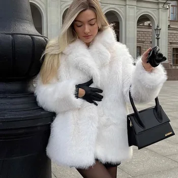 Kış moda beyaz ceket taklit kürk takım elbise yaka kadın kış ceket moda orta uzunlukta ceket kadın 2023