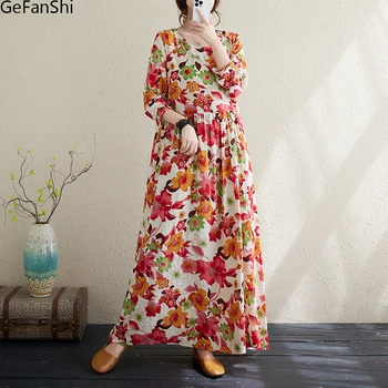 İlkbahar Sonbahar Uzun Kollu Vintage Baskı Pamuk Keten Elbiseler Kadın Kore Moda Gevşek Rahat uzun elbise Elbise Zarif Giyim