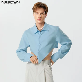 Şık Rahat Tarzı Üstleri INCERUN Erkek Kırpılmış Çapraz Tasarım Gömlek Moda Parti Sıcak Satış Katı Uzun Kollu Bluz S-5XL 2023