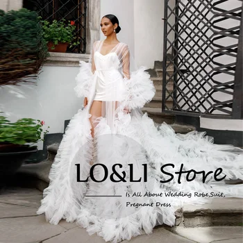 LO & LI Sequins Dantel Elbise Kadınlar Gelin Tayt Lüks Kürk Kollu Şeffaf Tül Düğün Robe Mariage gece elbisesi Hediye Custom Made