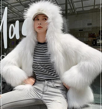 Yeni Gelenler Kış Sıcak Faux Kürk Ceket Kadınlar Kore Moda Uzun Kollu Kapşonlu Kalın Faux Kürk Palto