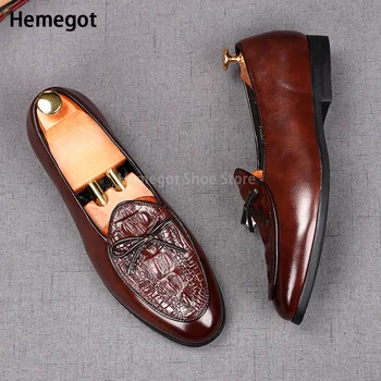 Kahverengi Retro Püskül Loafer'lar Erkekler için Yaz Nefes Slip-On Rahat deri ayakkabı erkek İngiliz tarzı ayakkabılar erkek Resmi Ayakkabı