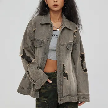 Sıkıntılı Denim Ceket Moda Gri Yırtık Kot Ceket Grunge Kadın Giyim Boy Streetwear kadın Kot Ceketler
