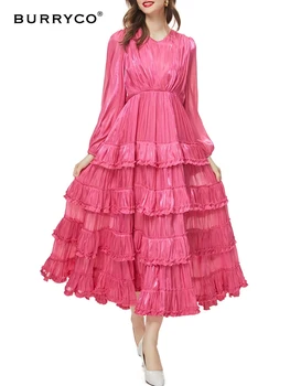 BURRYCO 2023 Sonbahar kadın Giyim Yeni asetat iplik Ağır Sanayi Preslenmiş Fırfır Dantel Çok Yönlü Kek Elbise