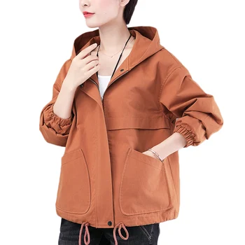 Kadın Kısa Ceket Ceket Yeni Bahar Sonbahar Giyim Kore Gevşek Kapşonlu Kabanlar Splice Katı Orta Yaşlı Kadın Rüzgarlık