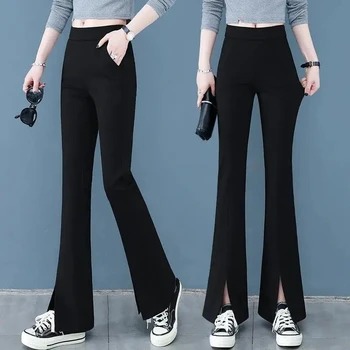 Bölünmüş Buz İpek mikro pantolon Kadın Elastik Yüksek Bel İnce Takım Elbise Pantolon 2023 Bahar Yeni Büyük Boy Moda Çok Yönlü günlük pantolon