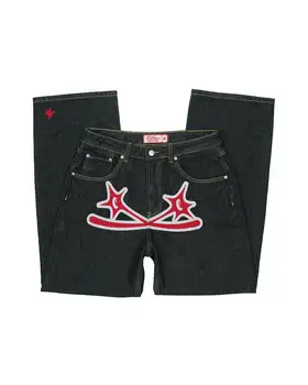 Y2k Amerikan Retro Siyah High-End Baskılı Kot Çift Sonbahar Gevşek Yüksek Bel İnce Düz Rahat Paspas Pantolon Geniş Bacak Pantolon