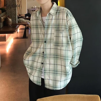 Gömlek Erkekler Casual Günlük Gevşek Bahar Sonbahar Streetwear Moda Erkek Uzun Kollu Hong Kong Tarzı Şık Ekose Genç Gençler