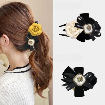 Kore Vintage Takı Kamelya Çiçek Dikey Muz saç tokası Kadınlar için Kadife Yay Aksesuarları Pinces Cheveux Femme Clawclip