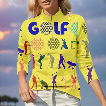 Golf Polo Uzun Kollu kadın Bahar Sonbahar Komik Baskılı Gömlek Nefes Hızlı Kuru Tenis Golf Üst Gömlek