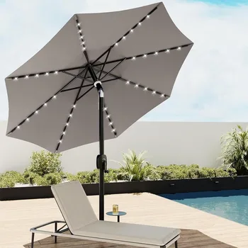 DOĞU MEŞE veranda şemsiye, 9 ft açık masa şemsiye 40 LED güneş ışıkları ve 8 kaburga, 1.9 inç alüminyum direk, dağ gri