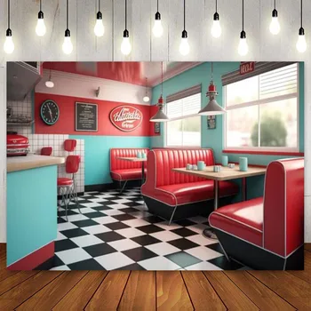 1950s Vintage Amerikan Yemek Zemin 50s Cafe Fast Food Soda Dükkanı Restoran Bar Yemek Arka Plan Doğum Günü Partisi Dekorasyon