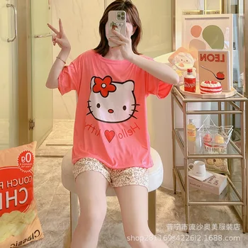 Kawaii Hello Kitty T-Shirt Pantolon Hırka Düğme Bayanlar Pijama Güneydoğu Asya Tayland Moda Snoopys Karikatür Ev Giyim