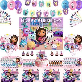 Gabby Dollhouse Kediler Doğum Günü Süslemeleri Parti Malzemeleri Balonlar Sofra Seti Tek Kullanımlık kağıt bardaklar Tabaklar Zemin bebek Hediye