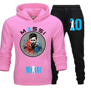 Messi baskılı yetişkin pembe hoodie seti sonbahar ve kış kadife kazak pantolon 2 parçalı set gevşek büyük boy spor