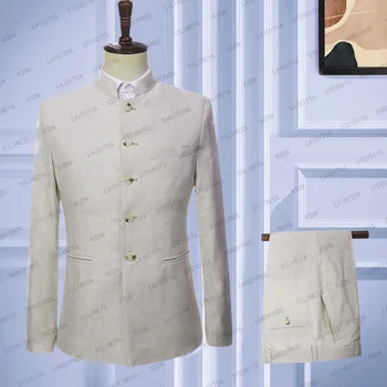 Yeni Moda Erkek Keten Takım Elbise İş Rahat Açık Haki Çin Standı Yaka erkek Seti Düğün Ofis Seyahat 2 parça Ceket Pantolon