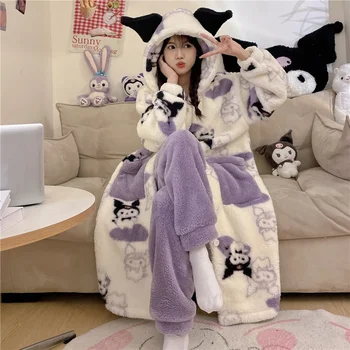 Kawaii Sanrio Kuromi Mercan Polar Pijama Kadınlar için Kış Orta Uzunlukta Kalınlaşmak Pijama Karikatür Kapşonlu Gecelik Gecelik