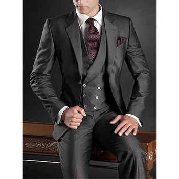 Koyu Gri Zarif Terno Takım Elbise Erkekler için Blazer Düğün Tam Set Tek Göğüslü Çentikli Yaka 3 Parça (Ceket + Pantolon + Yelek) terzi