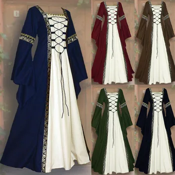 2023 sıcak Kadınlar Avrupa Ortaçağ Mahkemesi Fantezi Vampir Cosplay Kostüm Karnaval Vintage Straplez Uzun Kollu Kraliçe Zarif Elbise