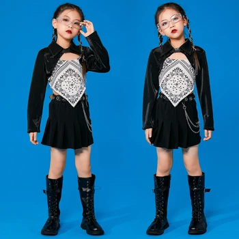 Caz Modern Dans Kostümleri Kızlar İçin Siyah Uzun Kollu Mahsul Tops Etek Takım Elbise Çocuklar Hip Hop Dans Sahne Rave Giyim DQS7603