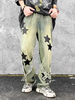 Y2K Yıldız Kot Erkekler Hip Hop Nakış Denim Pantolon Siyah Gevşek Rahat Pantolon Erkek Alt Japon Streetwear Hippi