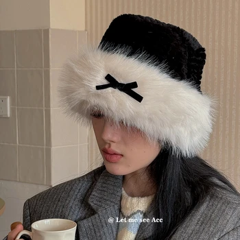Sevimli Yay Peluş Ekleme Kova Şapka Kış Japon Retro Sıcak Kabarık kulak koruyucu Örme Şapka Ins Tatlı Güzel kadın Kapaklar