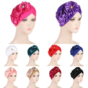 Kadın Saten Çiçek Türban Şapka Moda Kaput Düz Renk Başörtüsü Kemo Kap Kafa Sarar Zarif Başörtüsü Kadın Müslüman Hint şapkaları