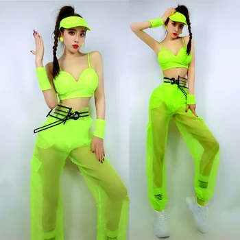 Kadın hip hop giysileri Dj Caz Dans Performansı Kostüm Gece Kulübü Sahne Giyim Gogo Dans Floresan Yeşil Kıyafet Bikini