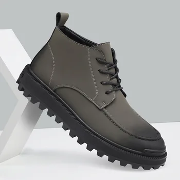 Ingiliz tarzı erkek rahat platform çizmeler gri sonbahar kış ayakkabı kovboy doğal deri bileğe kadar bot yakışıklı kısa botas hombre