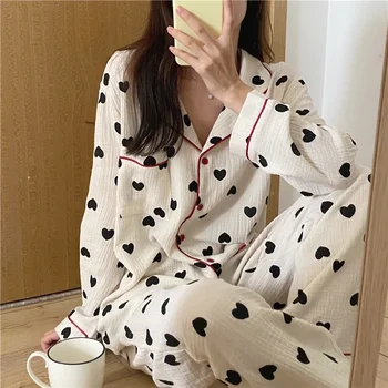 Kadınlar için pamuklu Pijama Kore Pijama Kalp Baskı Pijama Kadın Seti Kadın 2 Parça Kıyafeti Sonbahar Pijama Uzun Kollu