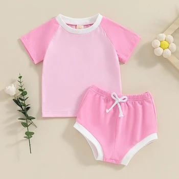 Yenidoğan Bebek Kız yaz giysileri Kısa Kollu Renk Bloğu T Shirt Elastik Bel şort takımı 2 Adet Kız Kıyafetler