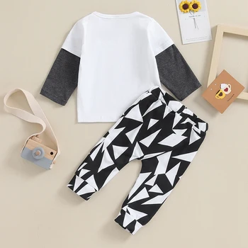 BULİNGNA Erkek Bebek İki Parçalı Kıyafet Seti Kontrast Renk Küçük Dostum T-shirt Geometrik Pantolon Sonbahar Kış Giysileri