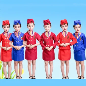 Çocuklar Uçuş Görevlisi Cosplay Kostümleri Kızlar Hostes Havayolu Hizmeti Üniforma Cadılar Bayramı Partisi Performans Giyim Seti