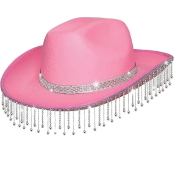 Cowgirl Şapka Titrek kovboy şapkası Püsküller Diamante Müzik Festivalleri için Ağır Rhinestones kovboy şapkası Çok Yönlü