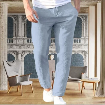 Sonbahar erkek Pamuk Keten Pantolon Erkek Rahat Günlük Düz Renk İpli Keten Pantolon Popüler kalem pantolon Erkekler Streetwear 3XL