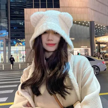 Sevimli Ayı Kulak Yün Şapka Kış Kasketleri Sıcak Dantel-up kulak koruyucu Örme Bombacı Kap Bonnets Örgü Kore Kadınlar Sıcak Gorros