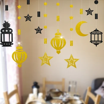 6 adet / takım Eid Mubarak Dekorasyon Altın Gümüş Yıldız Ay Kağıt Dize Garland Asılı Afiş Ramazan Müslüman Parti Zemin Malzemeleri